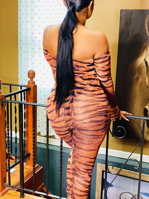 Women's Animal Print Off Shoulder Jumpsuits-DDD Fashions