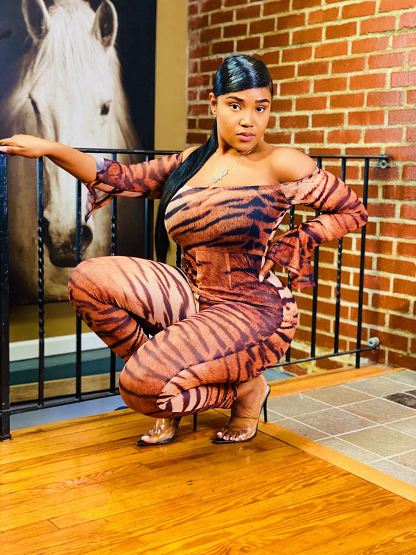 Women's Animal Print Off Shoulder Jumpsuits-DDD Fashions